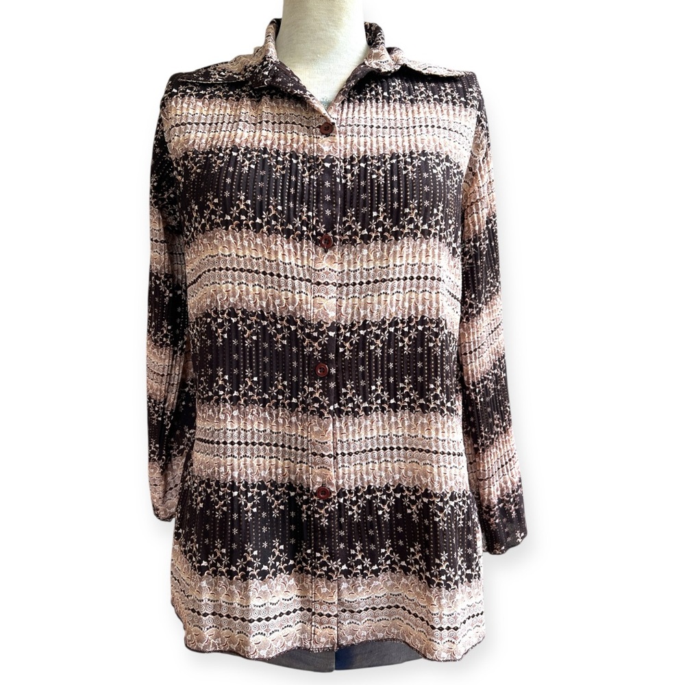 Vintage Accordian Pleat Dagger Collar Button Down Top Gold Lurex